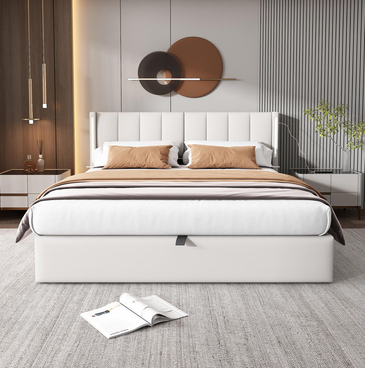 BETT mit Stauraum, LED und USB 140x190 cm PU Weiß - Weiß, Metall (140/190cm) - Meubliv