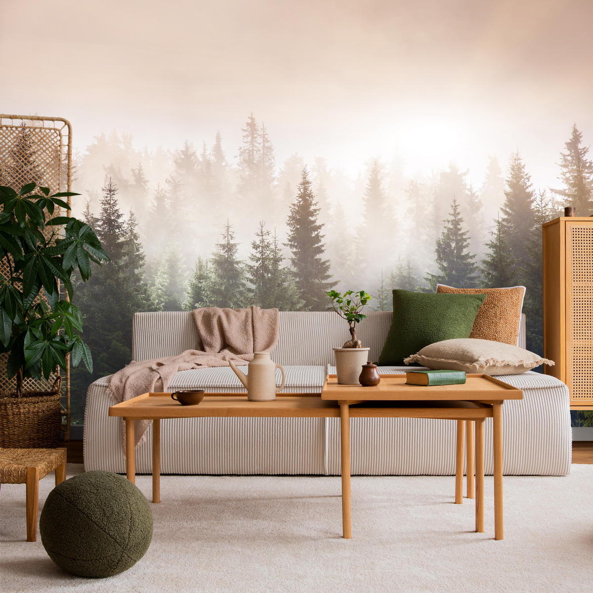 FOTOTAPETE für Wohnzimmer Nadelwald Bäume im Nebel Mystisch 450x315 - Orange/Braun, Papier (450/315cm) - Muralo