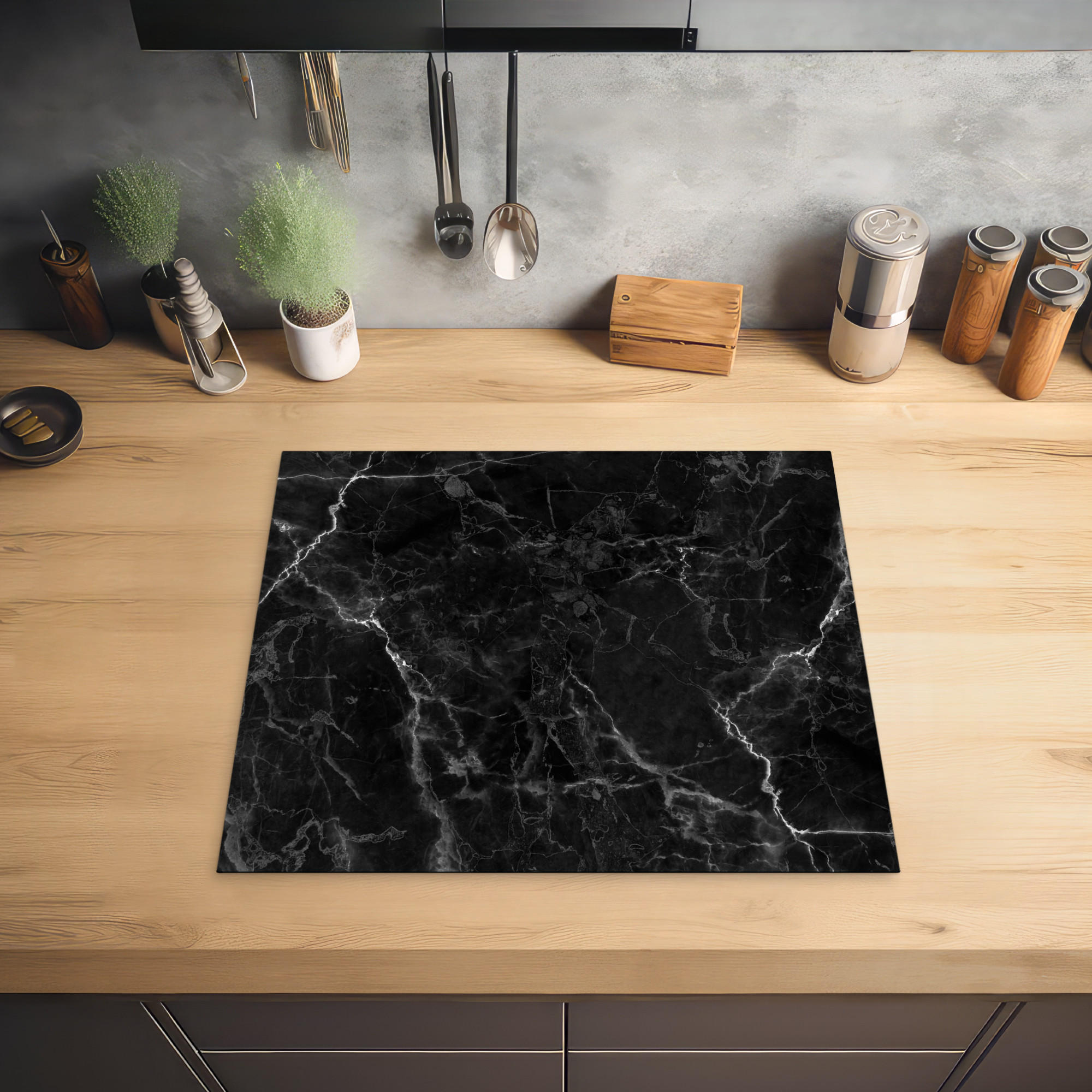 HERDABDECKPLATTE Marmor - Schwarz - Weiß - Textur - Marmoroptik 58x51 cm - Silberfarben, Kunststoff (58.3/0.2/51.3cm) - MuchoWow