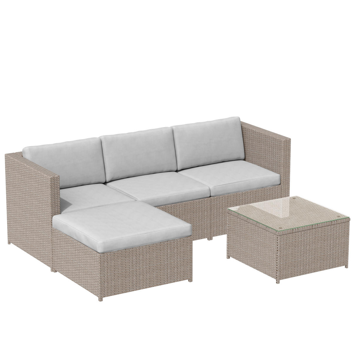 LOUNGESET Khaki Poly Rattan Mit Sitzkissen & Glastisch - Hellbraun, Metall - FLIEKS
