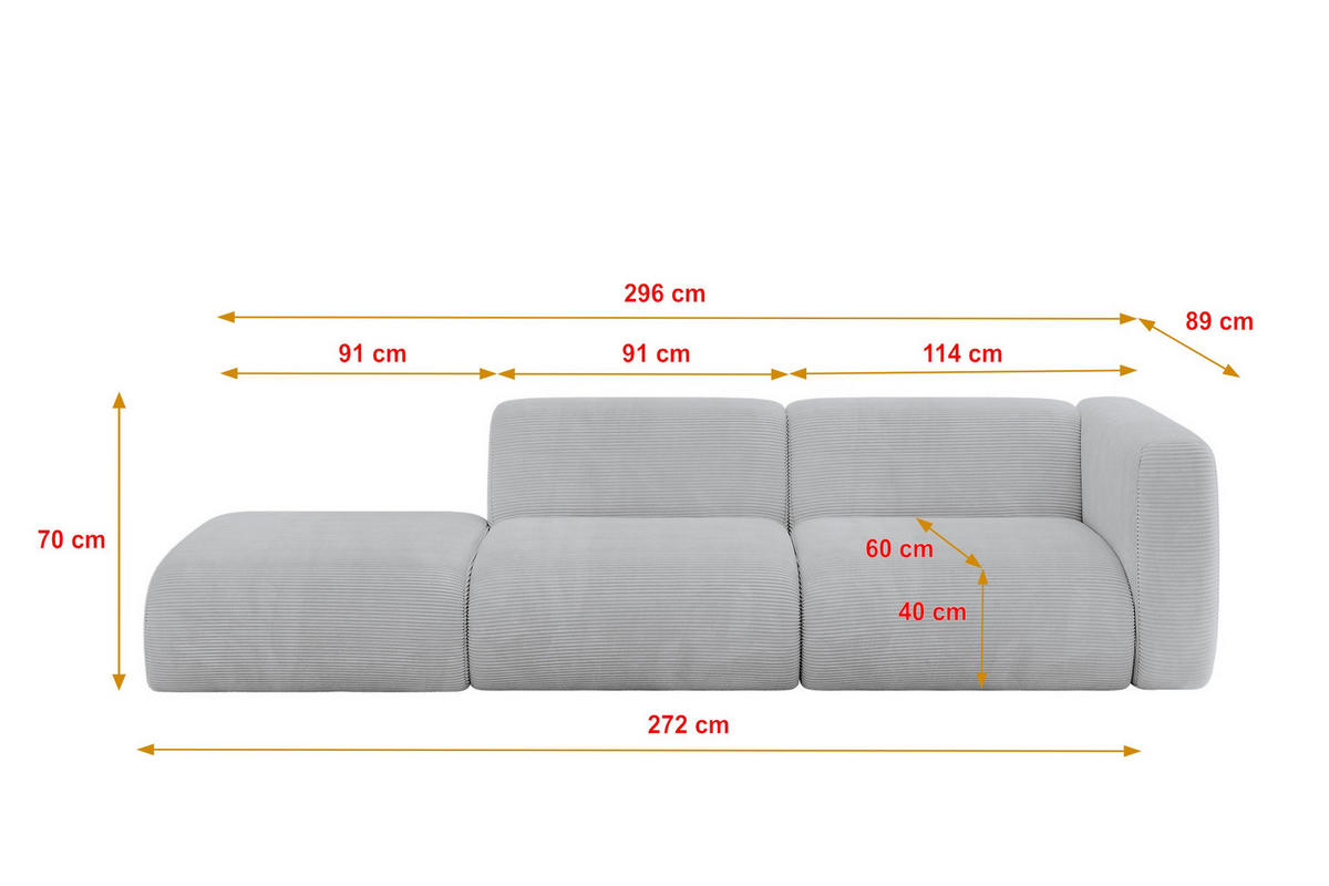 SOFA Ottomane Rechts MIRA-S3 296x89x70 Grau Cord - Blaugrau/Schwarz, Holzwerkstoff/Kunststoff (296/70/89cm) - ALTDECOR
