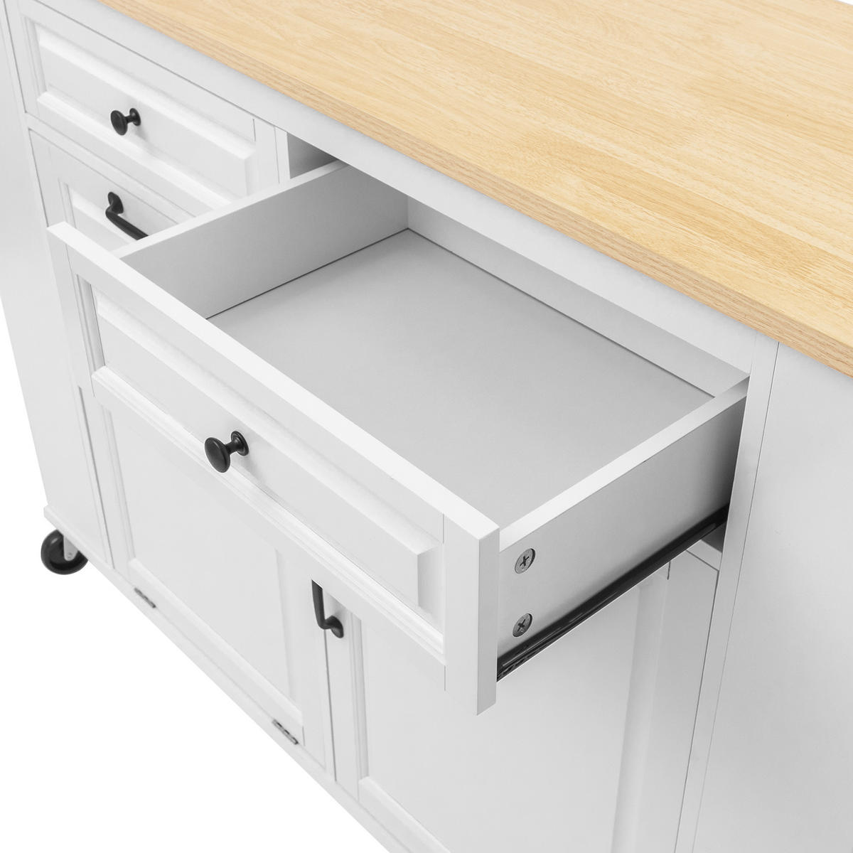 KÜCHENINSEL aus MDF 120x40-70x92 cm Weiß/Natur mit Rollen & Steckdosenleiste - Weiß, Holzwerkstoff (120/92/70cm) - Modfu