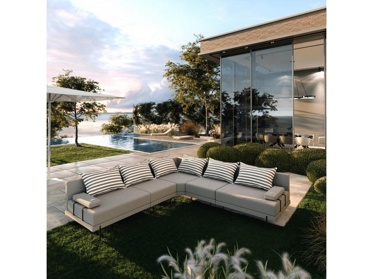 GARTENSOFA BAHAMA L - Wetterfeste Balkonmöbel & Terrassenmöbel Außen - Moderne Lounge Möbel für Garten - Balkon & Terrasse - Grau gestreift - Grau, Kunststoff (298/75/298cm) - Trada