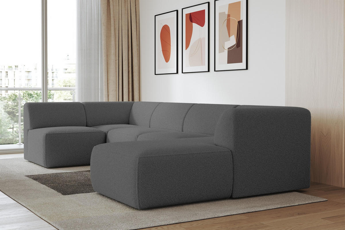 WOHNLANDSCHAFT Ottomane Rechts MOVO-L 345x180x78 cm Grau Bouclé - Schieferfarben/Schwarz, Holzwerkstoff/Kunststoff (345/78/180cm) - ALTDECOR