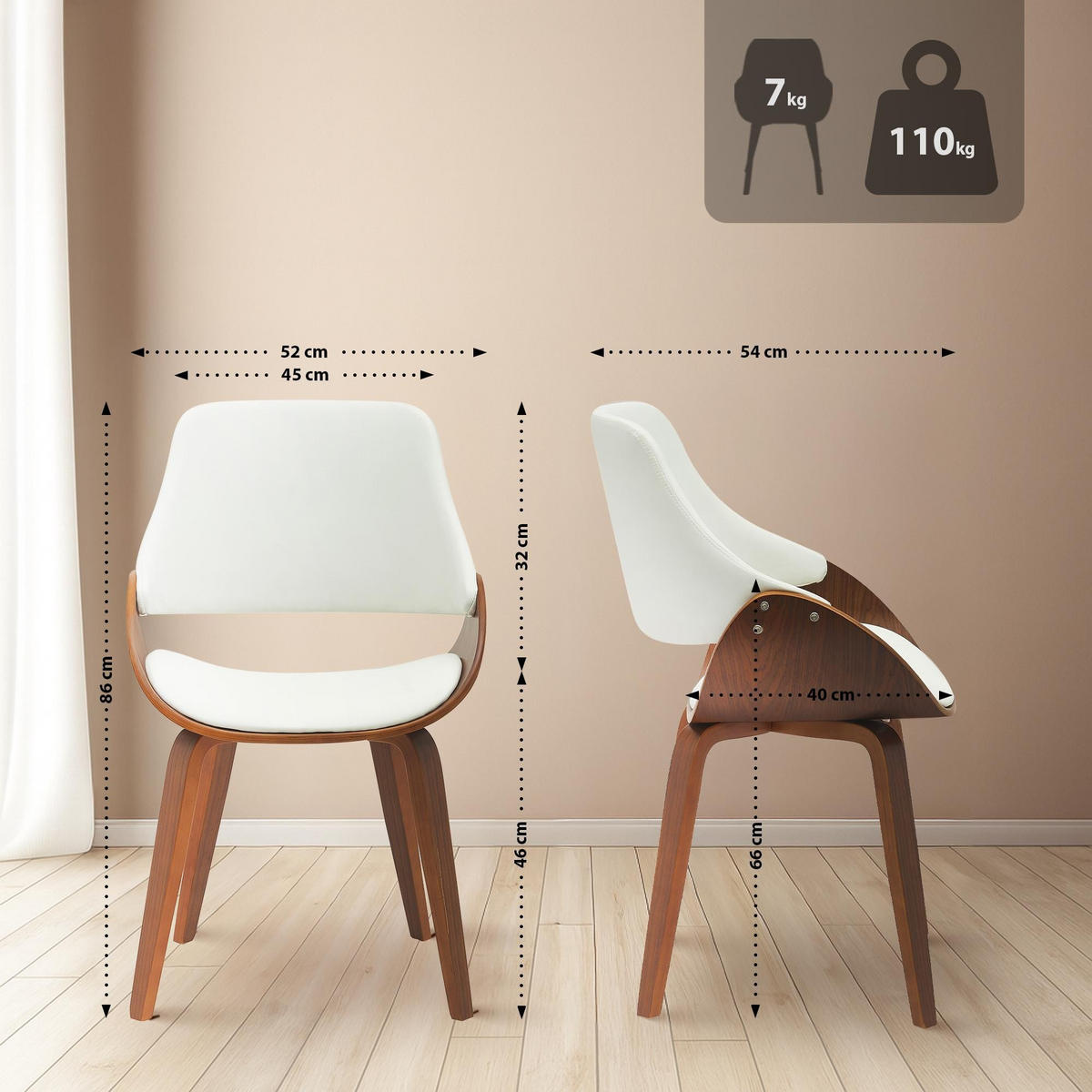 ESSZIMMERSTUHL Vangale 2er Set 86x52x54 cm walnuss/weiß - Nussbaumfarben, Holz (52/86/54cm) - furnicato