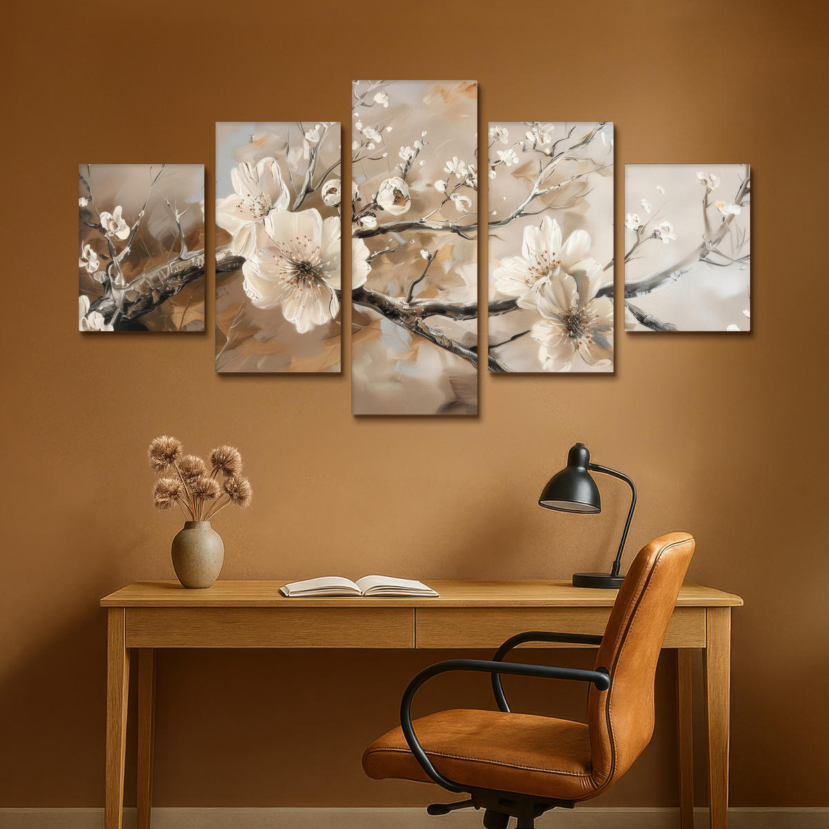 LEINWANDBILD 5er Set Blüte - Beige - Abstrakt - Blumen 150x80 cm - Hellbraun, Textil (150/80cm) - MuchoWow