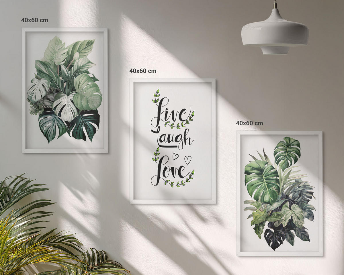 WANDBILDER 3er-Set - 40x60 cm Weißer Rahmen - Blattpflanzen leben, lachen, lieben - Weiß, Kunststoff (40/60cm) - ArtPrintCave