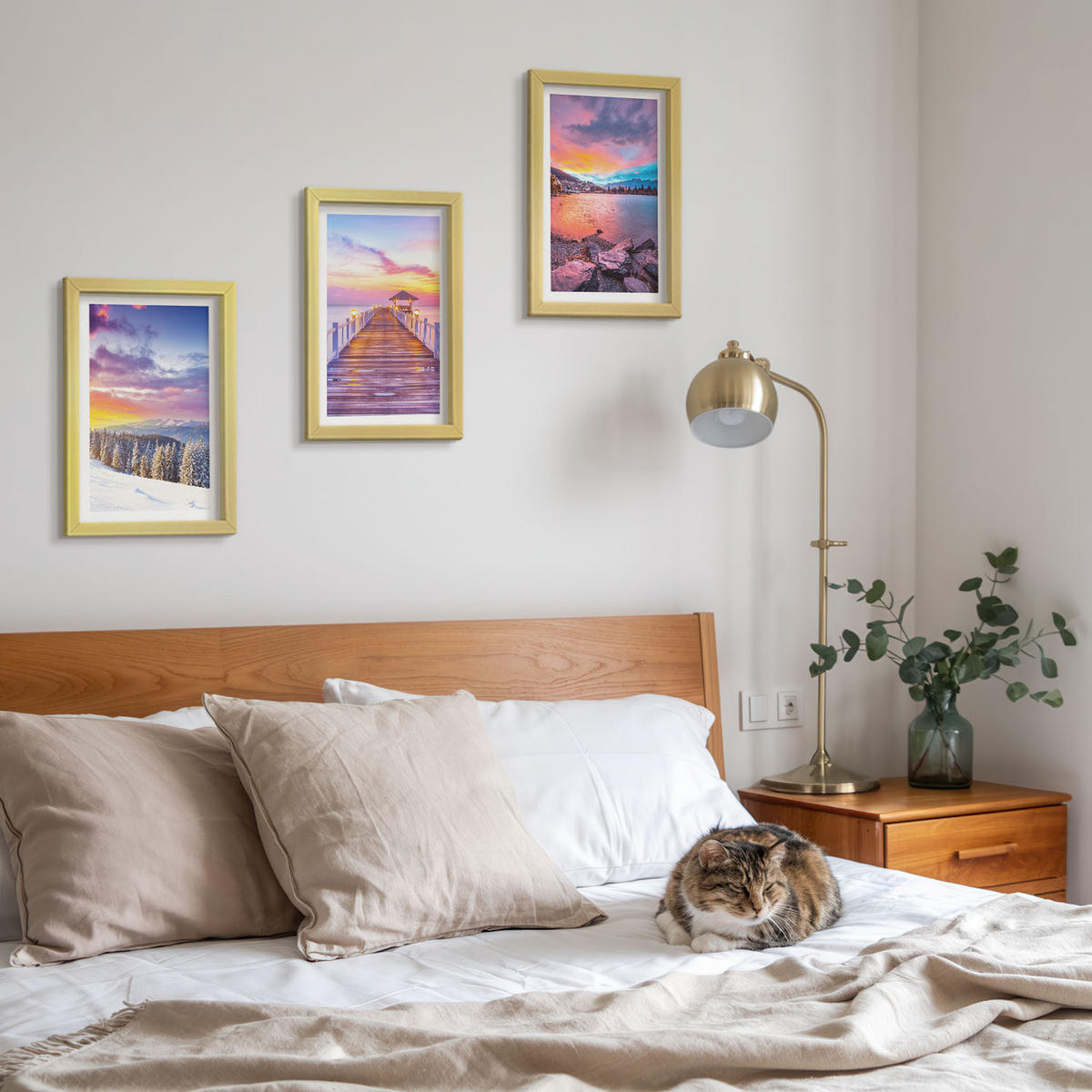 WANDBILDER 3er Set - 20x30 cm Goldrahmen - Winterliche Bergseelandschaft - Goldfarben, Kunststoff (20/30cm) - ArtPrintCave
