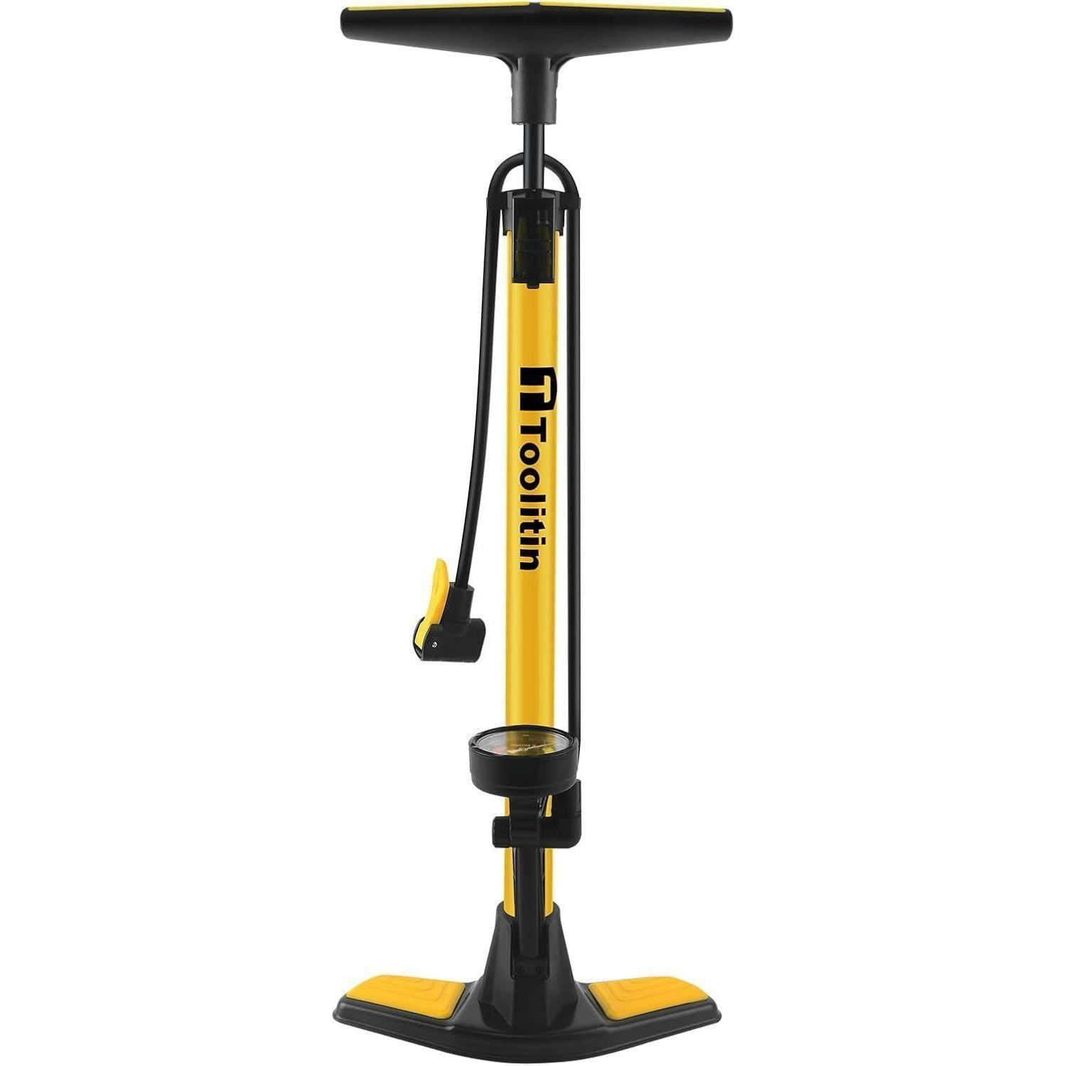 STAND-FAHRRADPUMPE mit Manometer, Hochdruck, für Presta- und Schrader-Ventile - Gelb, Metall (23.4/64.5/25.4cm)