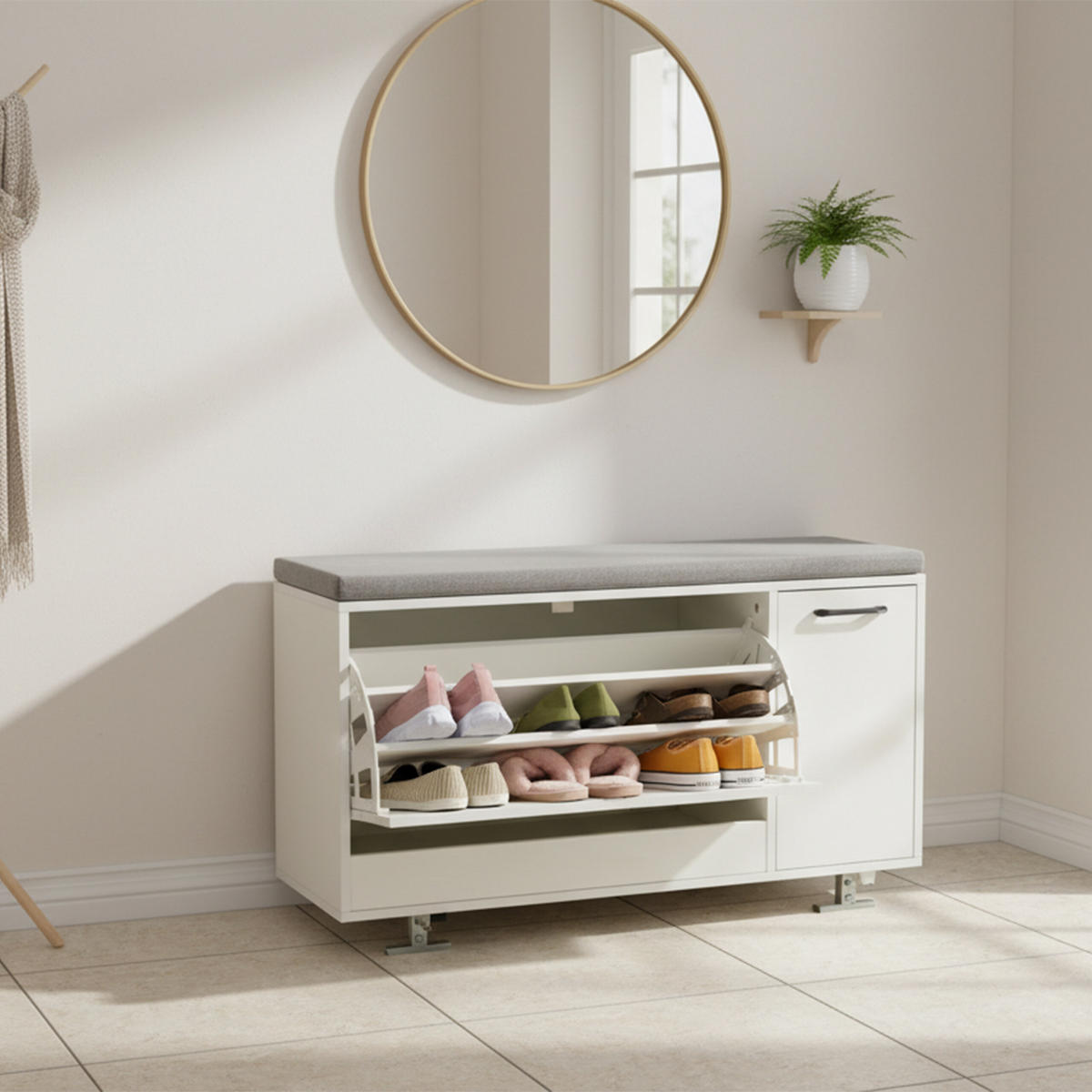 SCHUHBANK - Weiß, Holzwerkstoff/Textil (100/53/37cm) - Relaxdays