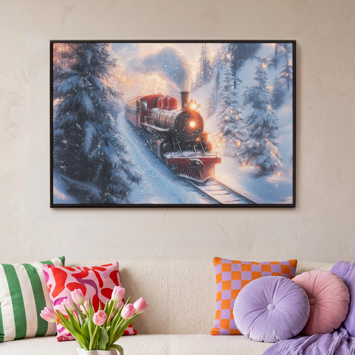 LEINWAND Bilder mit Rahmen - Weihnachtszug - Schnee - Winter - Weihnachten - 90x60 - Dunkelrot, Textil (90/60cm) - MuchoWow