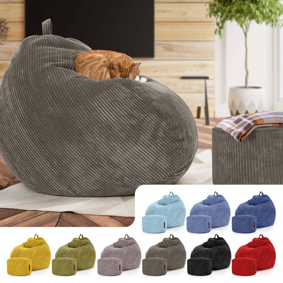 XXL-SITZSACK 2er Set + Pouf - Cordstoff - Anthrazit, Textil (90/110/90cm) - Green Bean