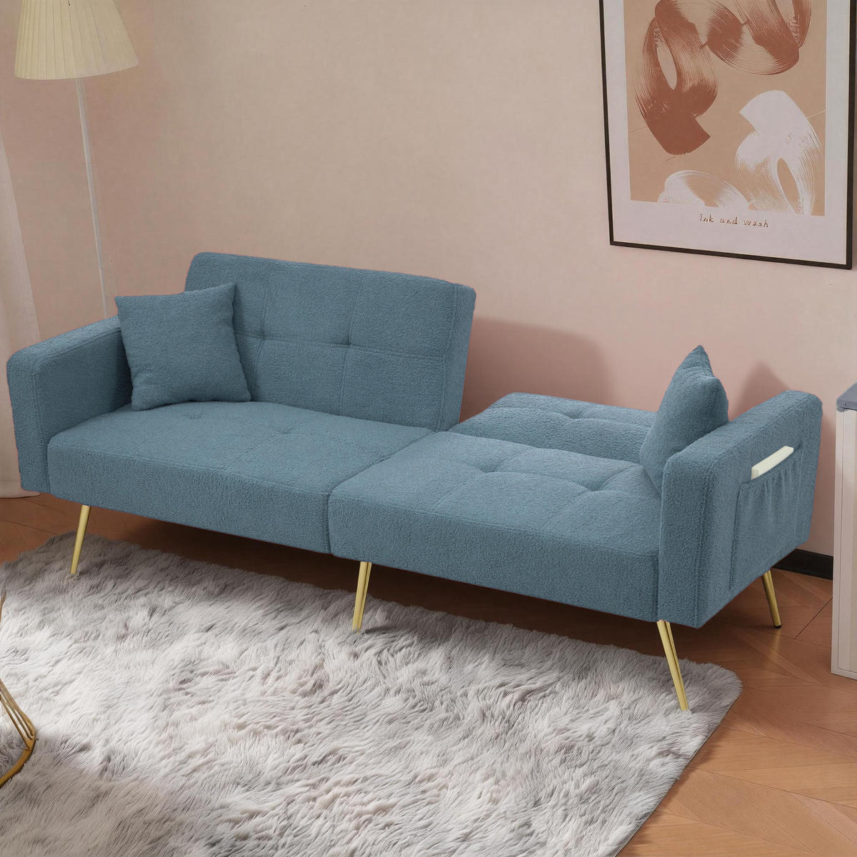 SCHLAFSOFA mit Bettfunktion, Kissen und goldfarbenen Beinen - Blau, Kunststoff (175/72/64cm)