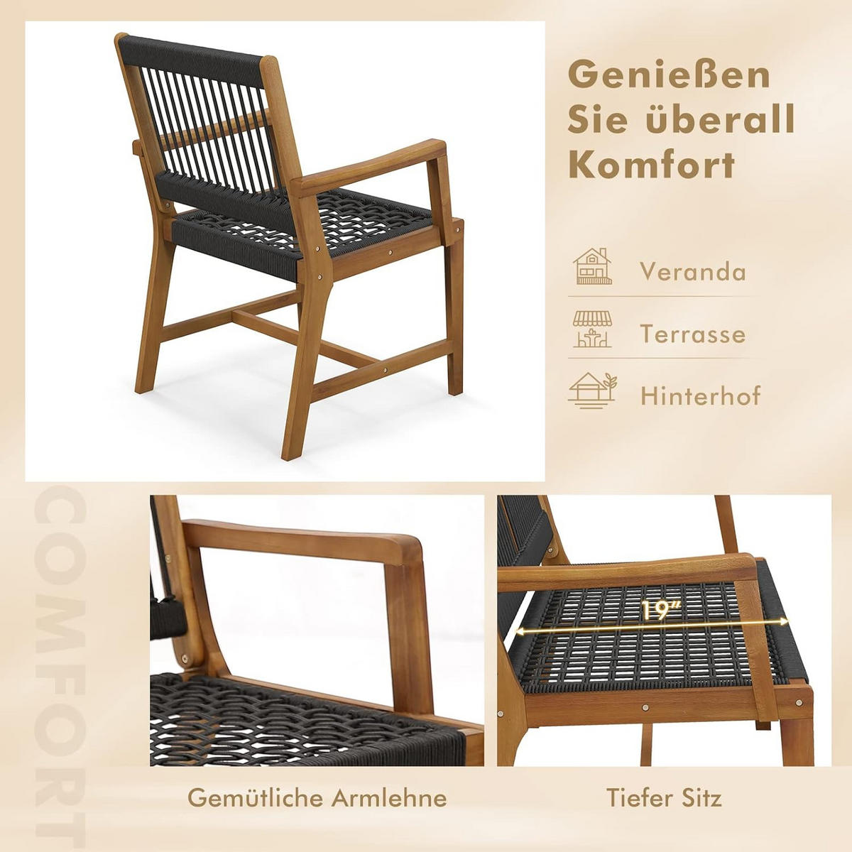 GARTENSTÜHLE Schwarz(2er-Set) - Schwarz, Holz (57/90/64cm) - COSTWAY