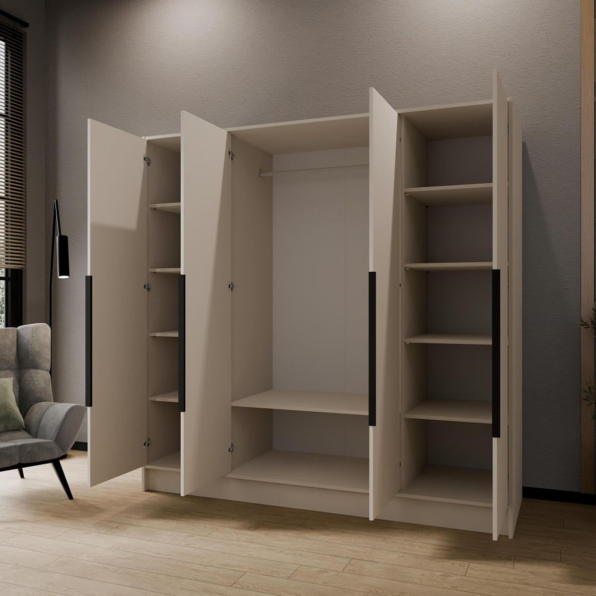 DREHTÜRENSCHRANK Pavia ohne Spiegel, Kaschmir mit mit schwarzen Griffen, 200 cm - Kaschmir, Holzwerkstoff (200/200/51cm) - Beautysofa