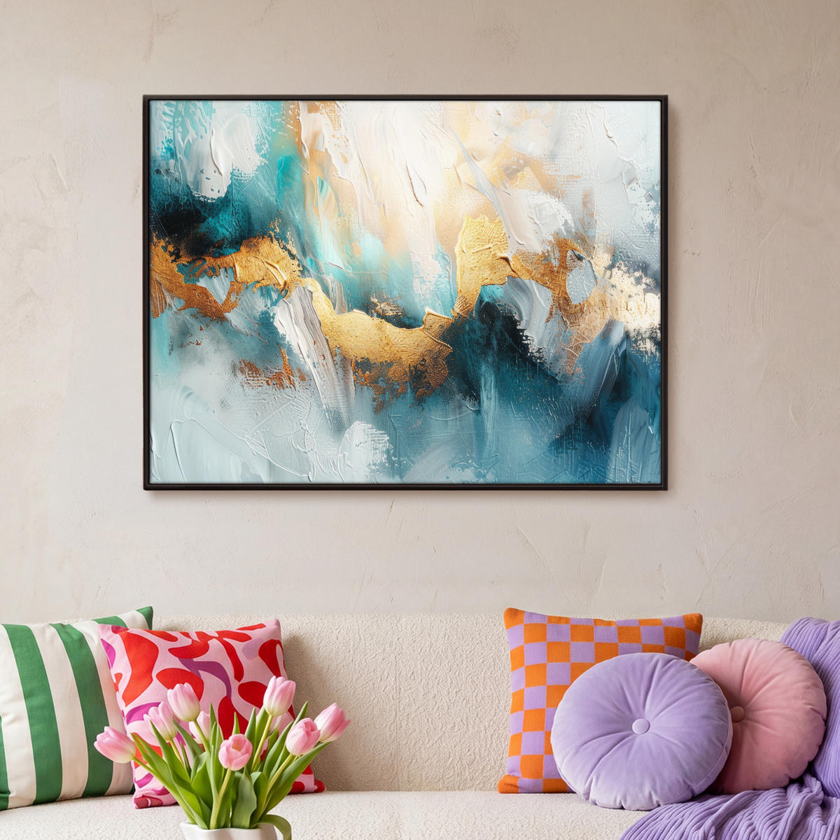 LEINWAND Bilder mit Rahmen - Abstrakt - Kunst - Gold - Blau - 100x70 - Petrol, Textil (100/70cm) - MuchoWow