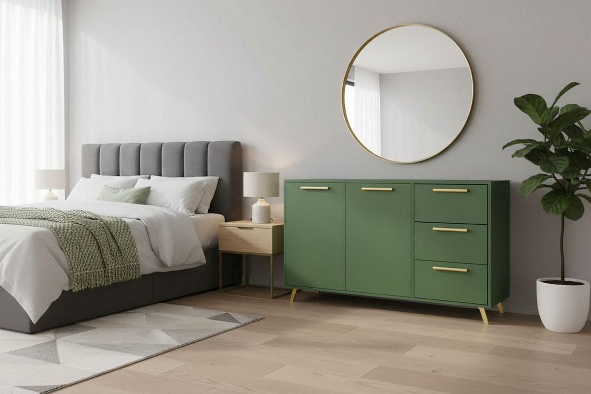 KOMMODE Nancy mit 3 Schubladen und 2 Türen, Sideboard in Farbe:Grün, Schrank in Größe: 140 x 86 x 41 cm - Grün, Holzwerkstoff (140/86/41cm) - Agmat-Furniture