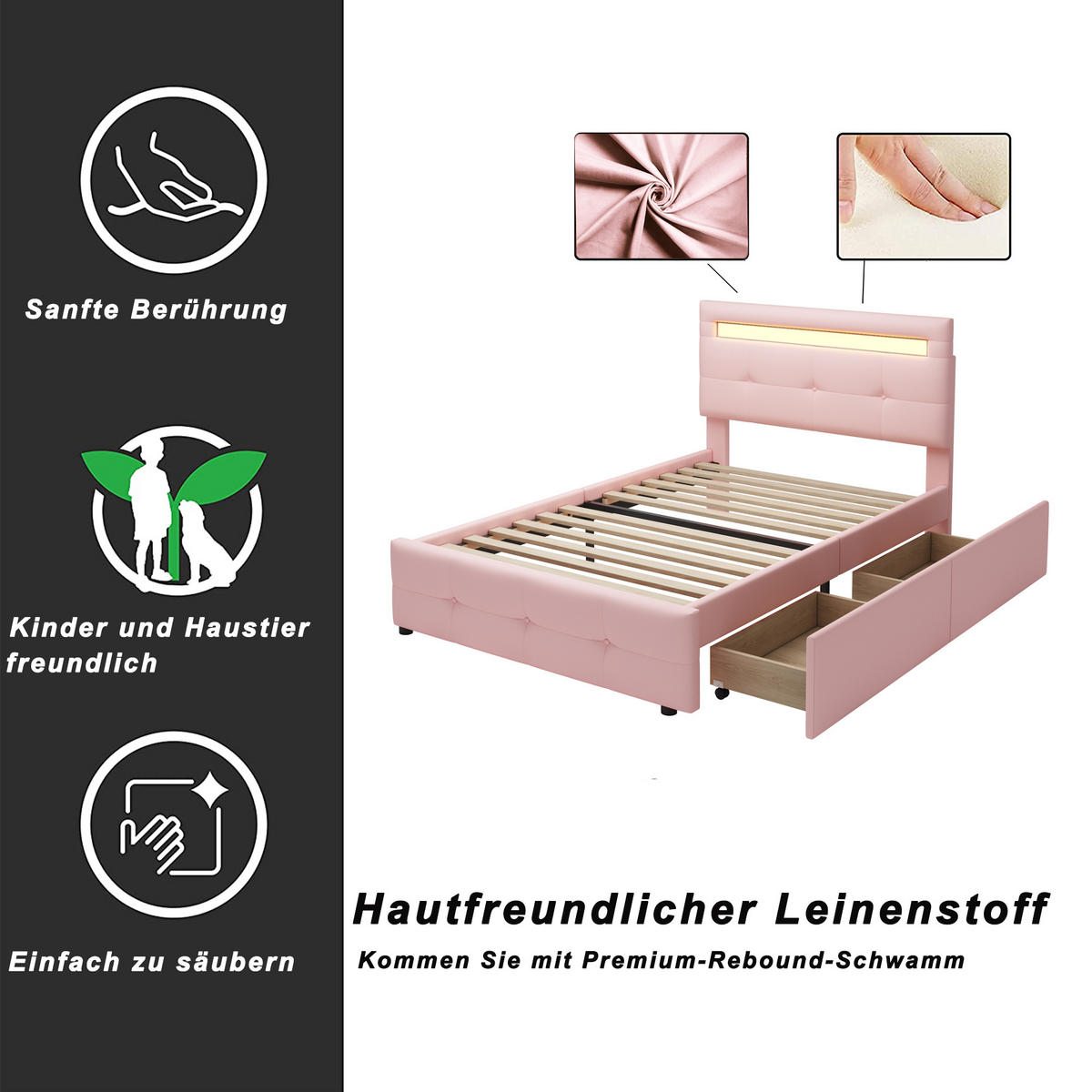 POLSTERBETT 90/200 cm Rosa mit LED-Beleuchtung und 2 Schubladen - Rosa, Textil (90/200cm) - Oxeza