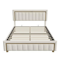 POLSTERBETT 140x200 cm - mit vertikal gestepptem Kopfteil und hydraulischem Bettkasten - ohne Matratze - Beige, Textil (140/200cm) - DELFA