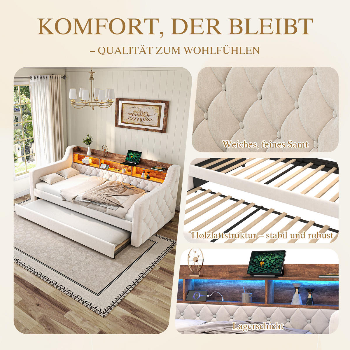 POLSTERBETT aus Samt 90x190 cm in Beige mit Stauraum, LED & USB-C - Beige, Textil (90/190cm) - Modfu