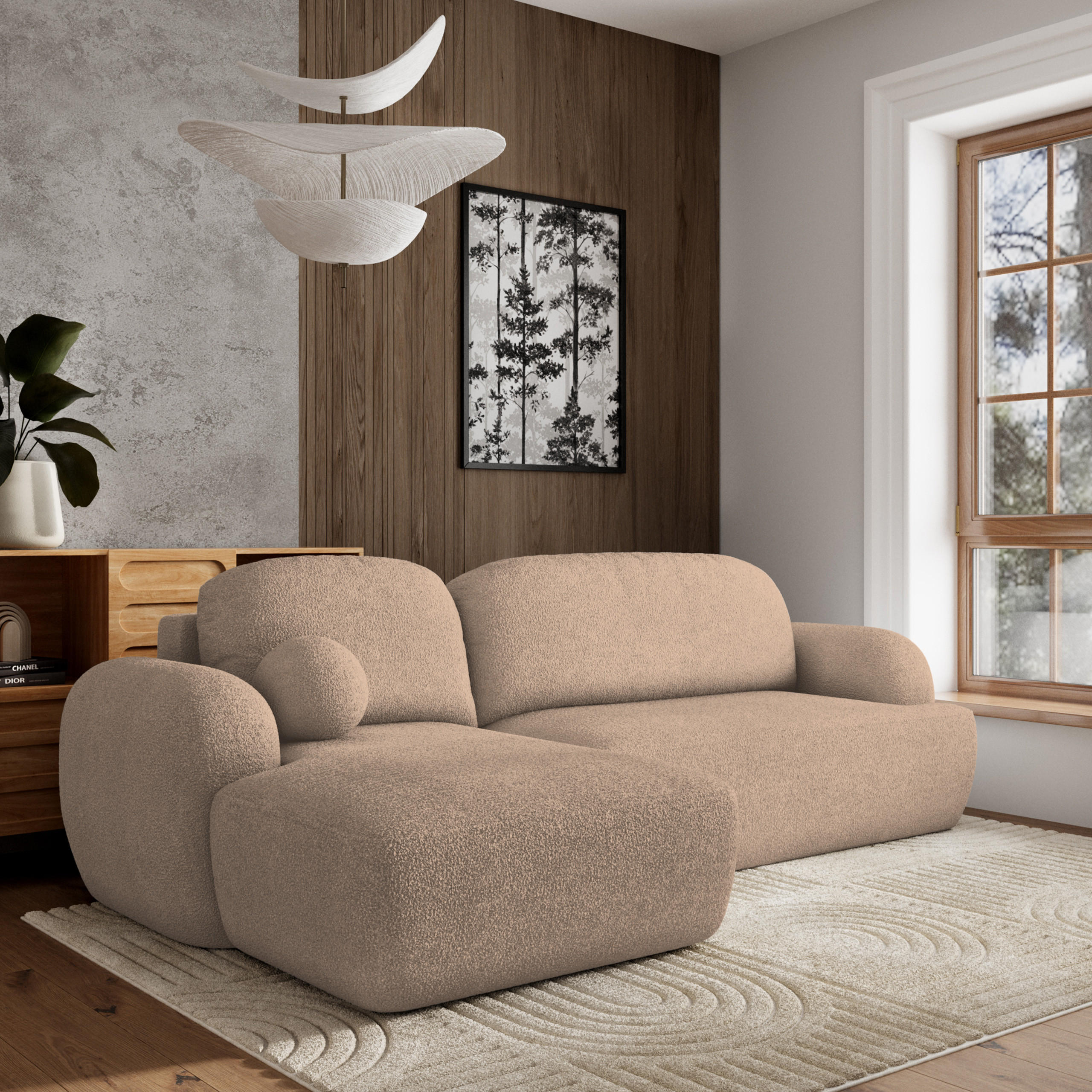 ECKSOFA MODENZA N L-S Beige Boucle-Stoff mit Schlaffunktion - Beige, Holz (266/148cm) - MASSENO