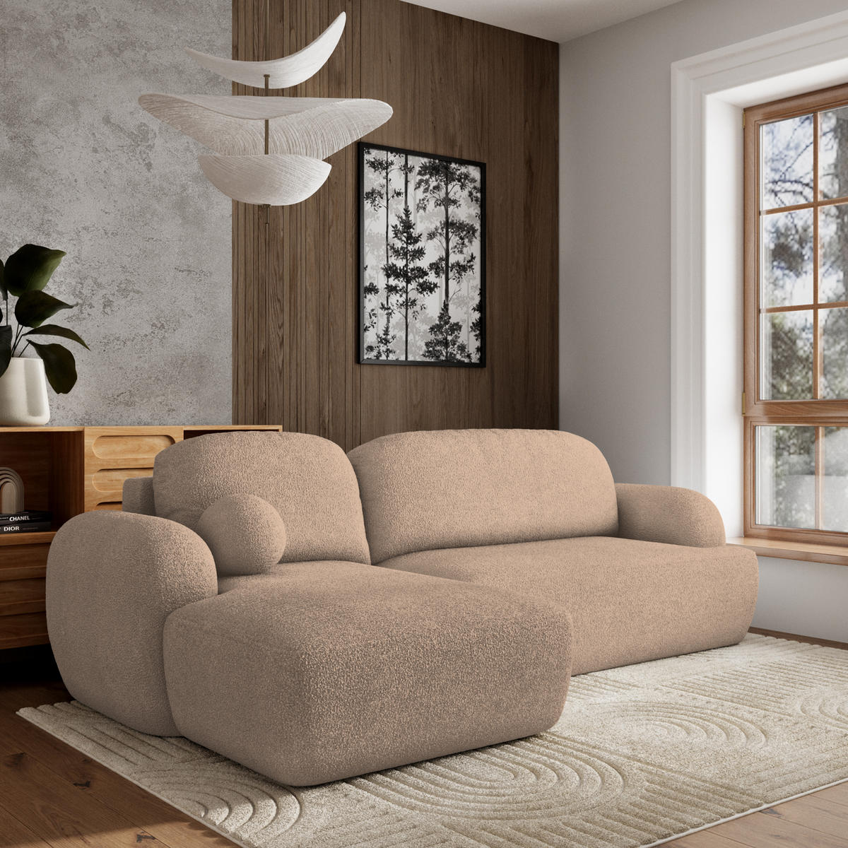 ECKSOFA MODENZA N L-S Beige Boucle-Stoff mit Schlaffunktion - Beige, Holz (266/148cm) - MASSENO