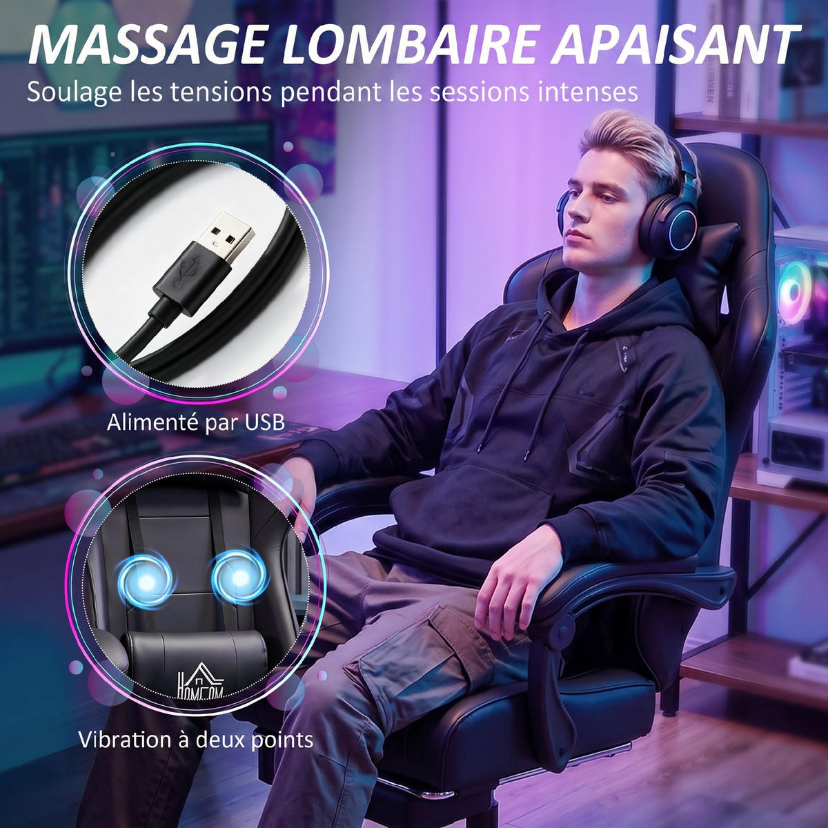 GAMINGSTUHL DE-11867 mit USB-Massage & 155° Neigung Schwarz - Schwarz, Metall (63/134/66cm) - ComfortXL