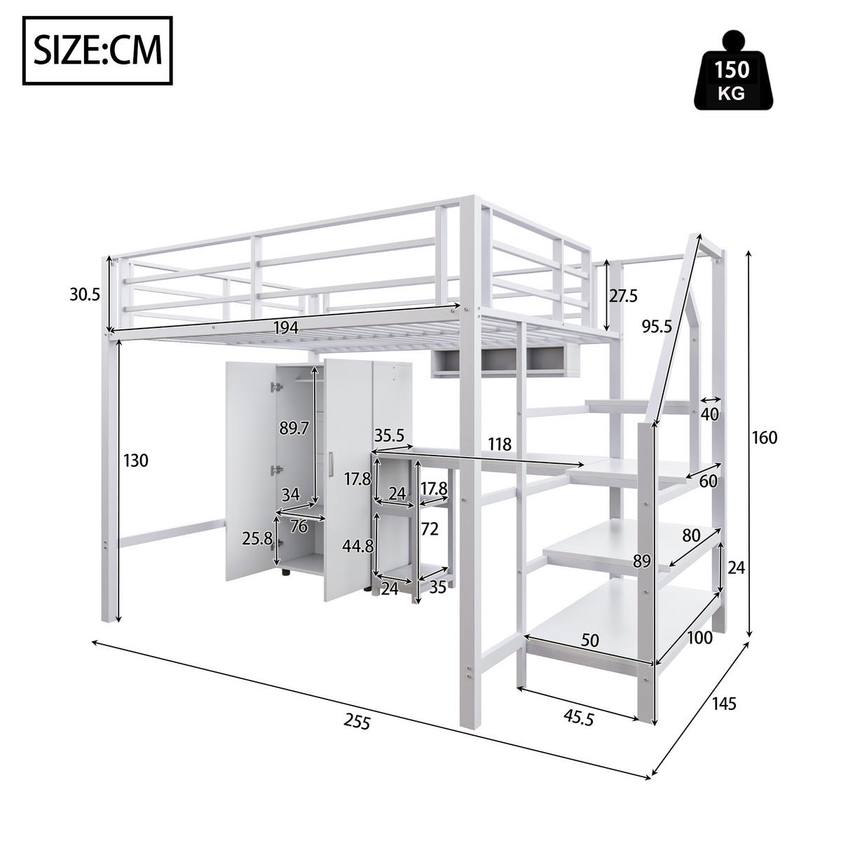 HOCHBETT 140x200cm Weiß Kleiderschrank Regale Ablageleiter Schreibtisch - Weiß, Metall (140/200cm) - FLIEKS