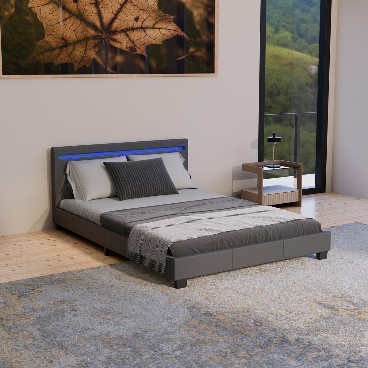 POLSTERBETT Paris dunkelgrau 140x200cm mit Matratze und LED (16 Farben) - Grau, Textil (140/200cm) - Juskys