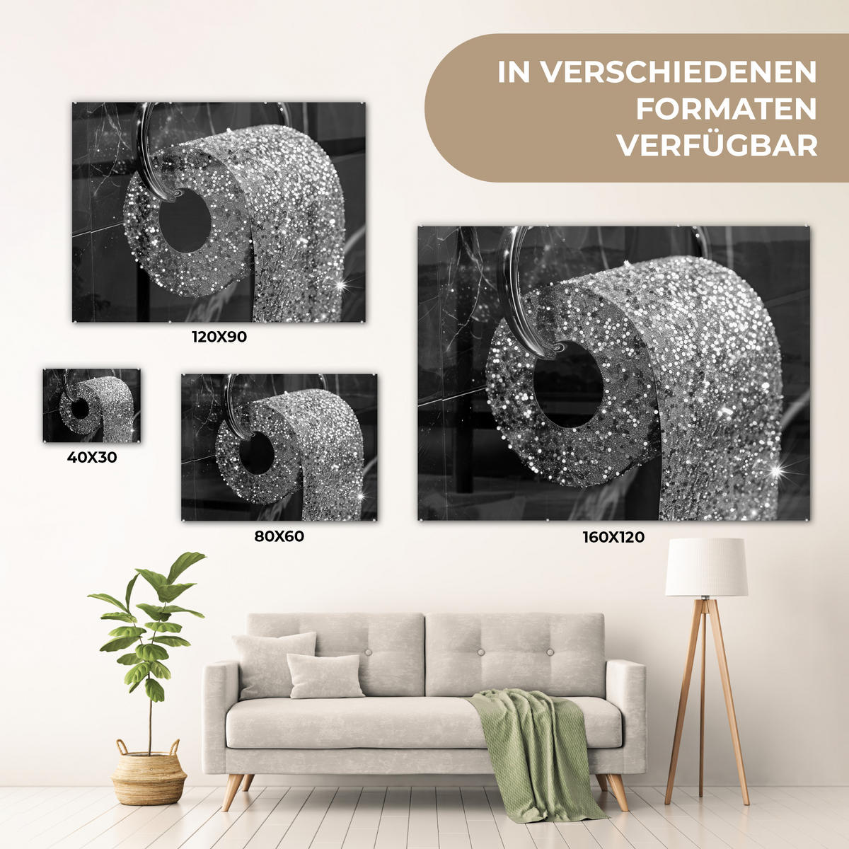 ACRYLGLASBILD WC - Toilettenpapier - Schwarz und weiß - Glitter 80x60 cm - Silberfarben, Glas (80/60cm) - MuchoWow