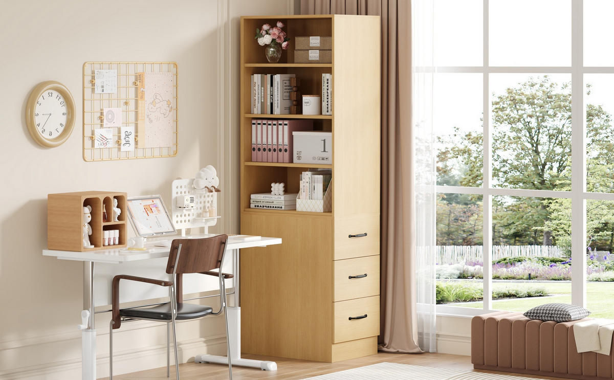 BÜCHERREGAL Eiche 180 cm hoch aus Spanplatte mit austauschbaren seitlichen Schubladen und verstellbaren Einlegeböden - Naturfarben, Holzwerkstoff (60/180/38cm) - Luhomfu