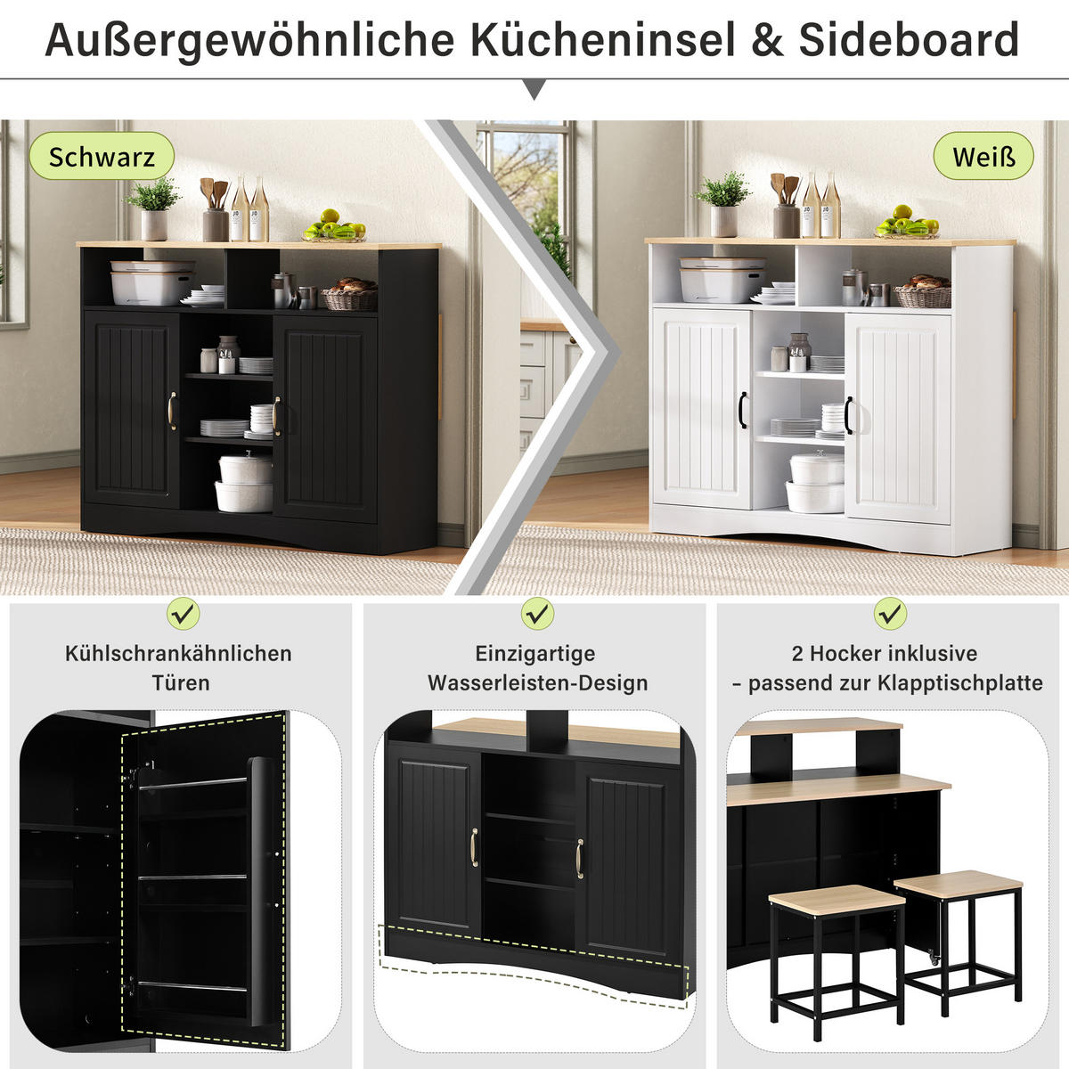 KÜCHENINSEL 110/34-68/97,5 cm schwarz mit klappbarer Arbeitsplatte - Schwarz, Holzwerkstoff (110/97.5/68cm) - OKWISH