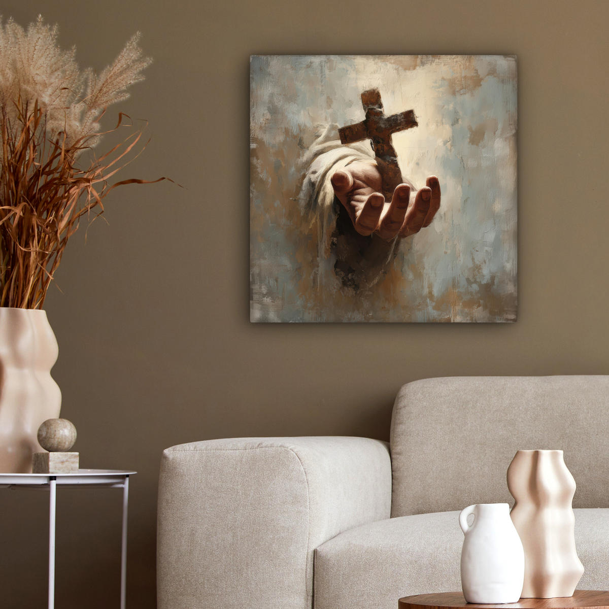 LEINWANDBILD Abstrakt - Kreuz - Hand - Christentum Wandbild Wohnzimmer 50x50 cm - Hellbraun, Textil (50/50cm) - MuchoWow