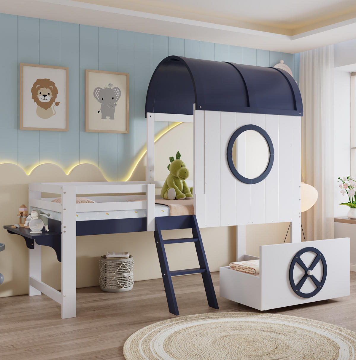 HALBHOHES Kinderbett 90/200 cm mit Dach, Fenster, Schublade und Schrägleiter aus Kiefer/MDF, Weiß/Dunkelblau - Weiß, Holzwerkstoff (90/200cm) - Redom