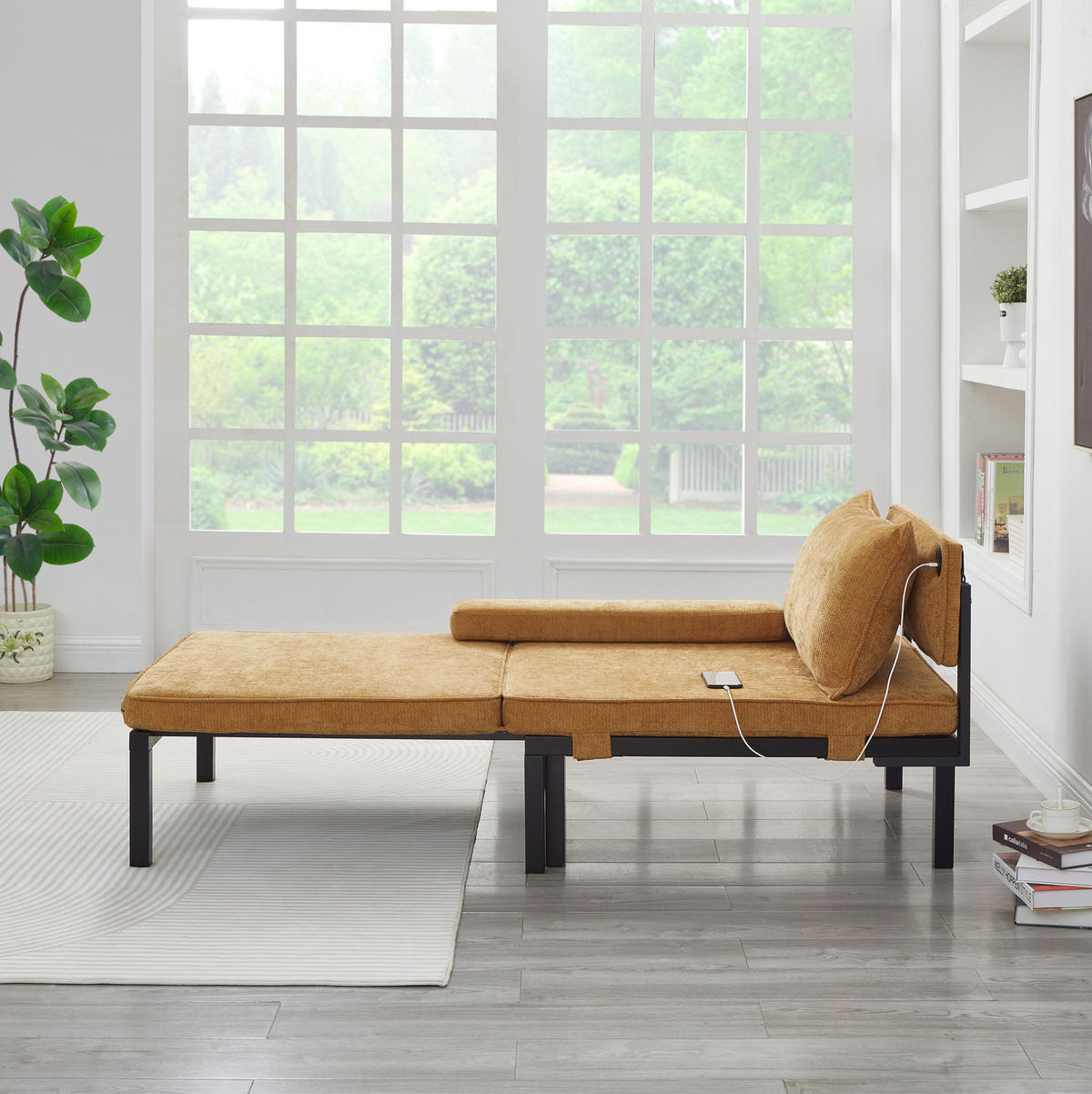 SCHLAFSESSEL mit Schlaffunktion, USB- und Type-C-Anschluss, platzsparendes 2-in-1-Design, Gelb - Gelb, Textil (82/79/176cm) - Redom
