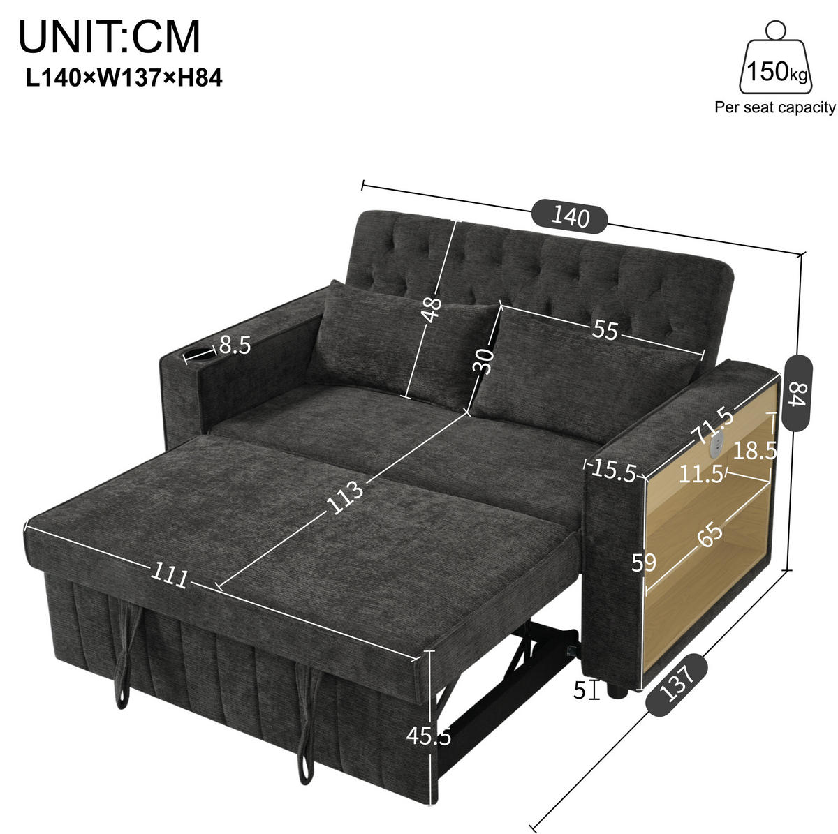 SCHLAFSOFA aus Chenille 140x137x84 cm Grau mit Schlaffunktion, USB-Anschluss, Getränkehalter und verstellbarer Rückenlehne - Grau, Textil (137/84/140cm) - Modfu