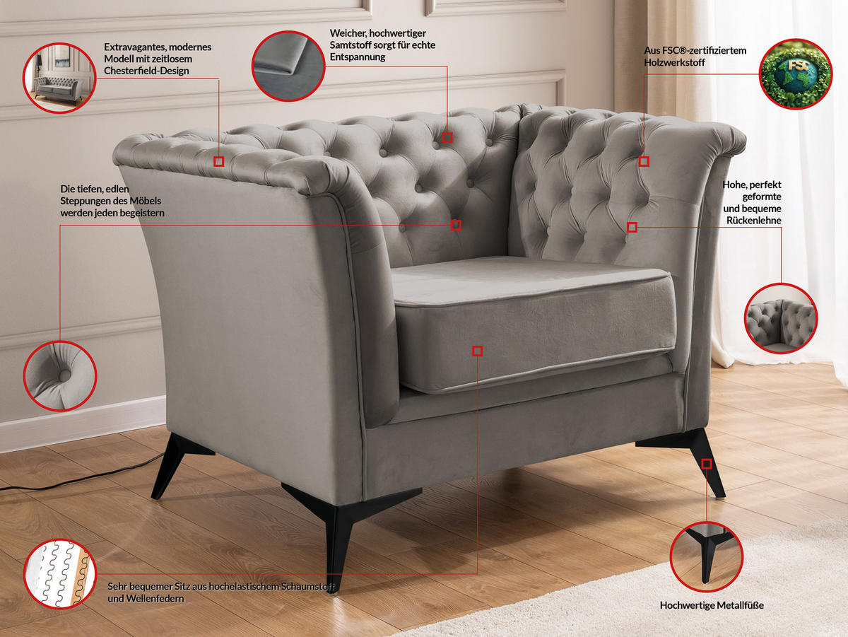 CHESTERFIELD-SESSEL Whitby Grau Samt mit schwarzen Füßen - Schwarz/Grau, Holz/Textil (116/78/82cm) - S-Style Möbel