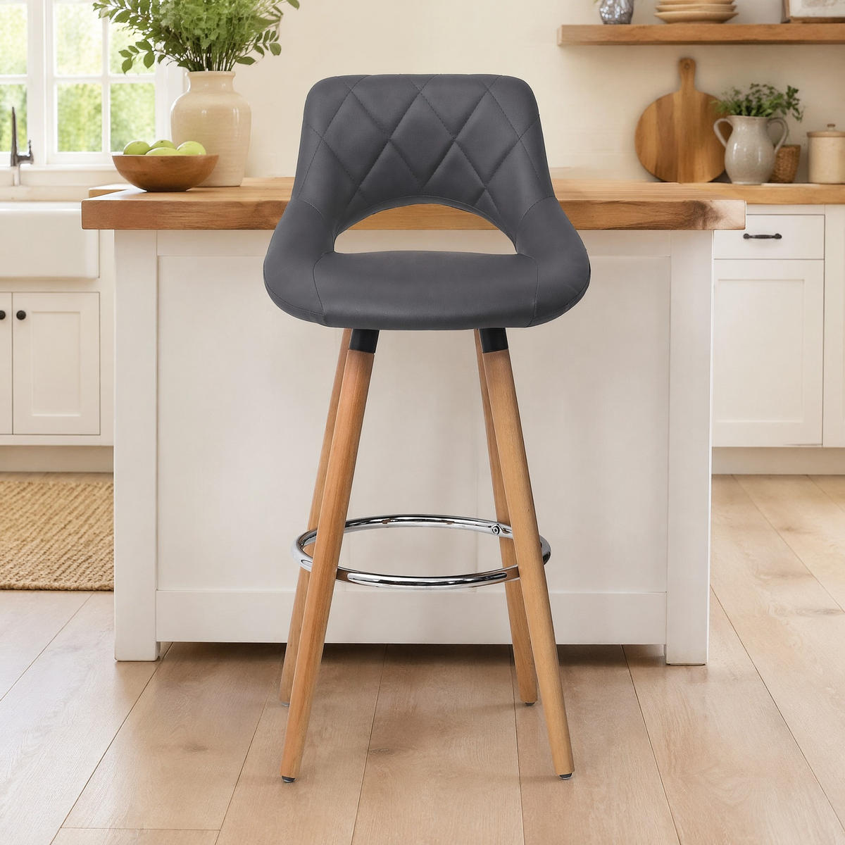 BARHOCKER Sitzhöhe 68 cm Grau mit Kunstledersitz und Massivholzbeinen - Grau, Holz (40/70/43cm) - MIVRAY