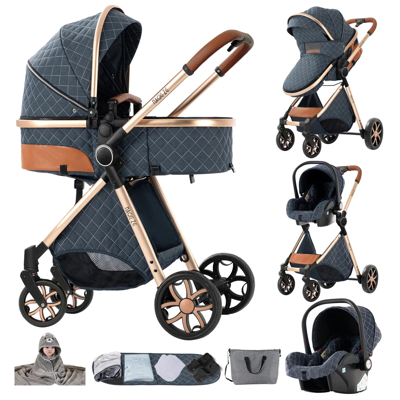 KINDERWAGENSET 3-in-1 mit Autositz, Neugeborenen-Sicherheitsgurt mit fünf Punkten, stoßdämpfend, faltbar, YV9-Blau - Blau, Metall (80/60cm) - Kaket