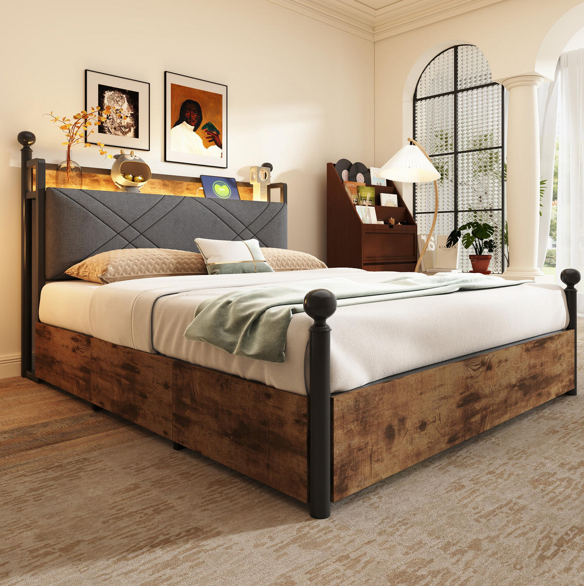 METALLBETT 140/190 cm mit LED-Beleuchtung, Stauraum und USB- und Type-C-Anschlüssen - Schwarz, Metall (140/190cm) - Flora Grace