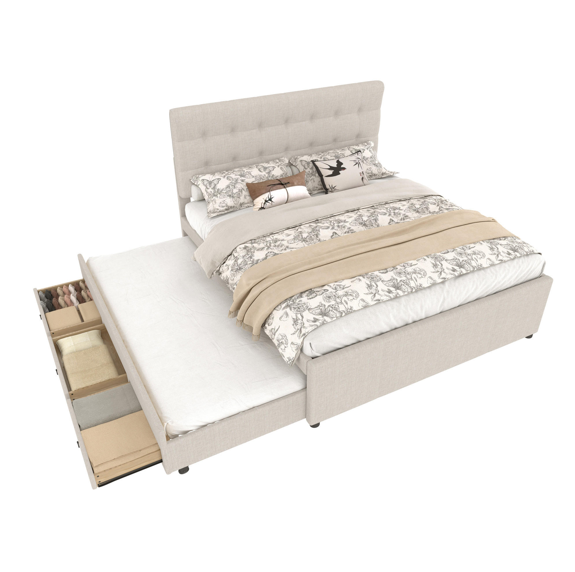 BETT mit Ausziehbett und 3 Schubladen 140x200 cm Leinen Beige - Beige, Holz (140/200cm) - Meubliv