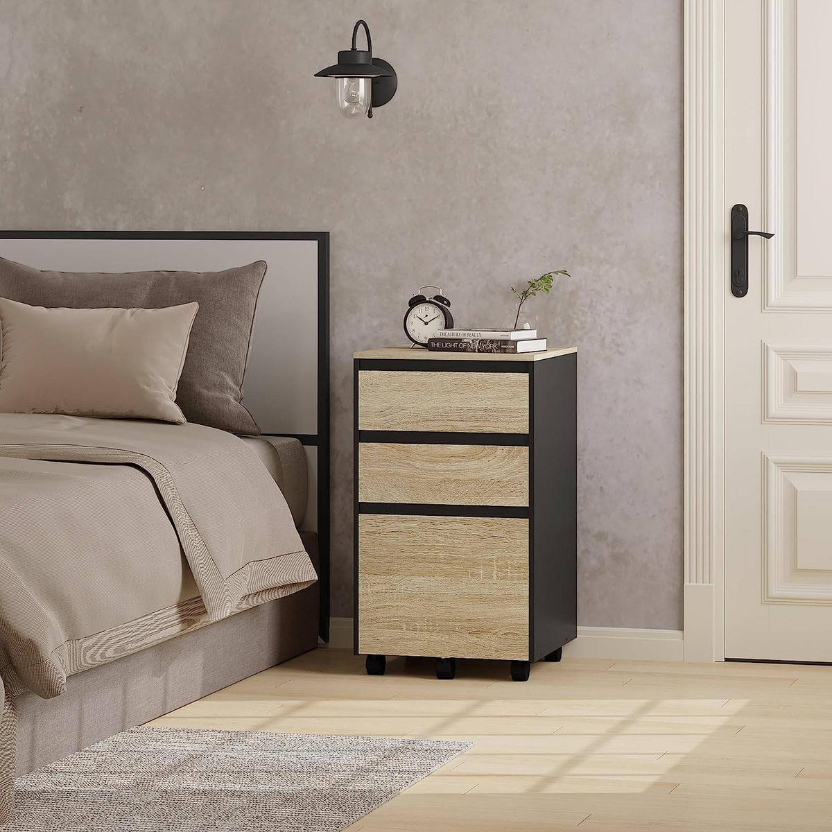 ROLLCONTAINER, Aktenschrank, 40x70x40 cm, Helle Eiche + Schwarz - Eichefarben, Holzwerkstoff (40/70/40cm) - Woltu