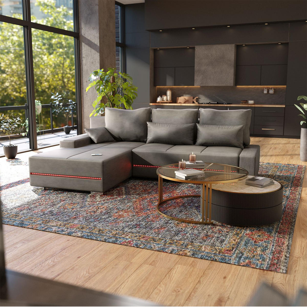 SOFA Davos mit Ottomane links hellgrau inkl LED - Hellgrau, Textil (260/180cm) - Juskys