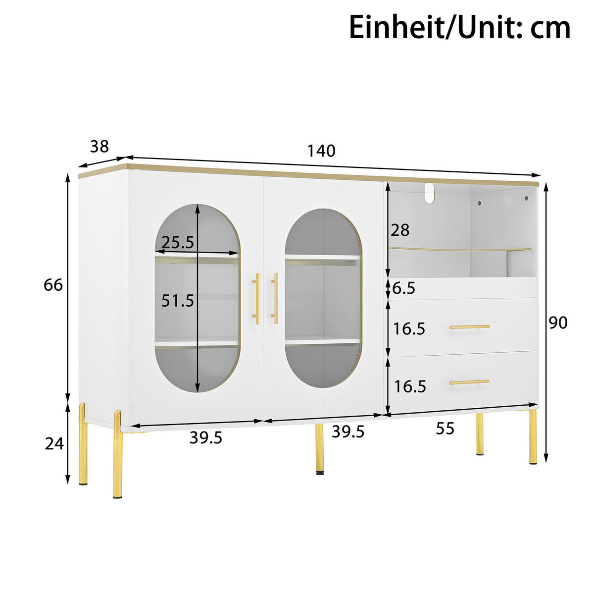 SIDEBOARD 140/38/90 cm aus MDF mit 2 Schubladen und Glastüren Weiß - Weiß, Holzwerkstoff (140/90/38cm) - Modenvie
