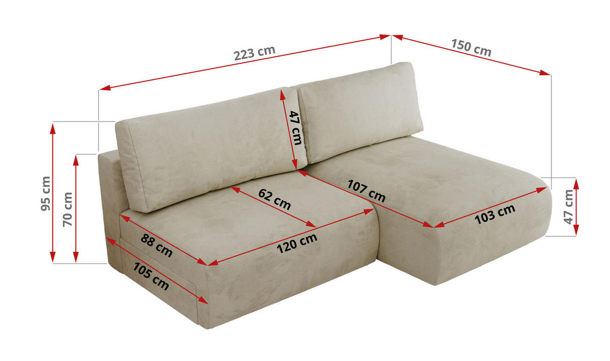ECKSCHLAFSOFA VIVO L Beige Velvet - rechts - Beige/Schwarz, Kunststoff/Textil (150/223cm) - MKS