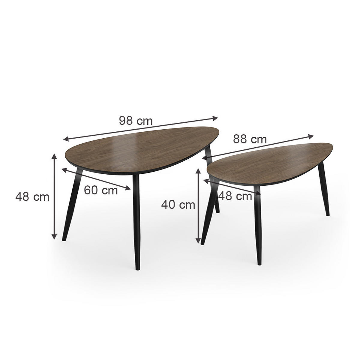 COUCHTISCH-SET Veyo Walnuss/Schwarz 98 x 60 cm Set, 2 Teile - Walnussfarben/Schwarz, Holzwerkstoff (60/98/48cm) - Vicco