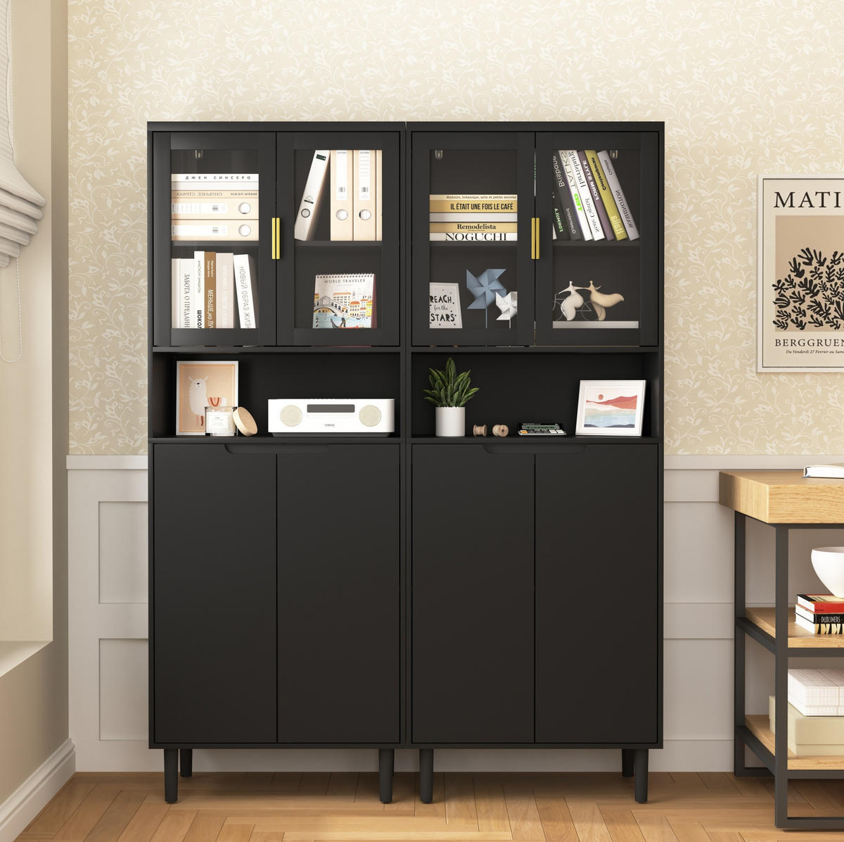 HOCHSCHRANK mit Glastüren, verstellbarem Einlegeboden und Kippschutz, vielseitiger Stauraum, Schwarz - Schwarz, Holzwerkstoff (60/160/35cm) - Redom