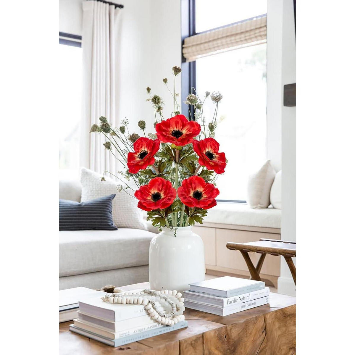 KUNSTBLUMEN 5er Set Anemonen Rot 53 cm - Rot, Textil (53cm)