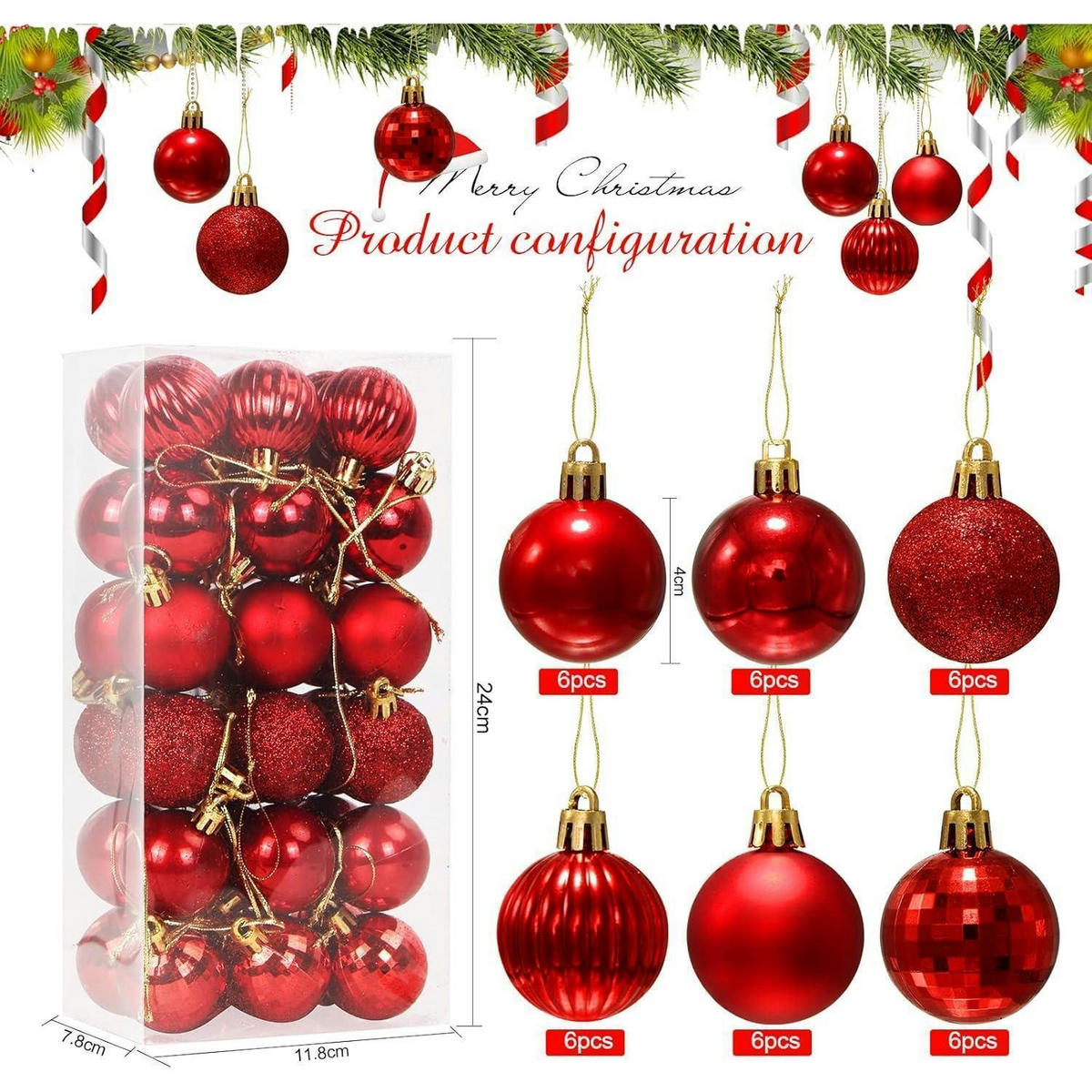 WEIHNACHTSKUGELN 36-teiliges Set Kunststoff Rot 4 cm - Rot, Kunststoff (4/4/4cm)