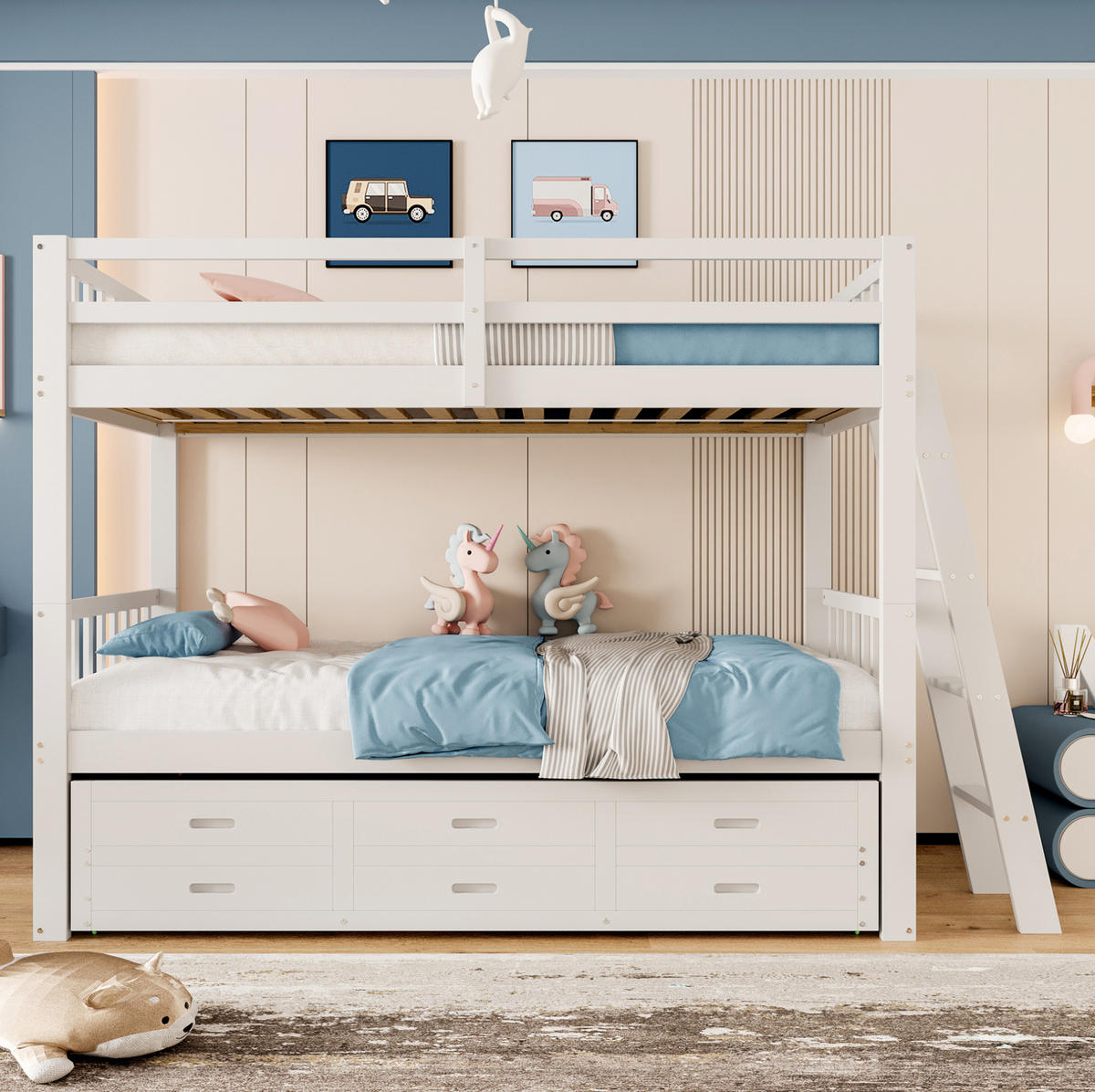 ETAGENBETT 90/200 cm aus Kiefer und MDF mit Ausziehbett und 3 Schubladen Weiß - Weiß, Holz (90/200cm) - Modenvie
